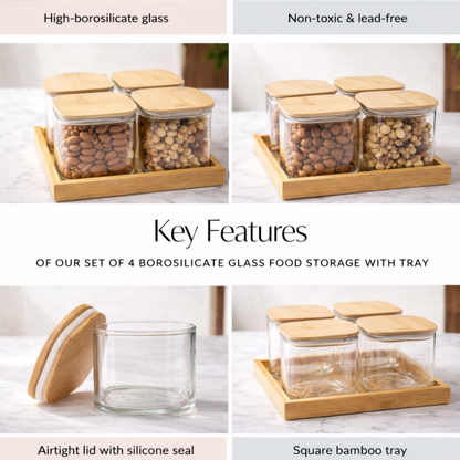 Borosilicate Glass Storage Jar Set of 4 with Bamboo Tray — Airtight Bamboo Lid & Silicone Seal | 500 ml Each | Pantry, Kitchen & Dry Food Organiser
