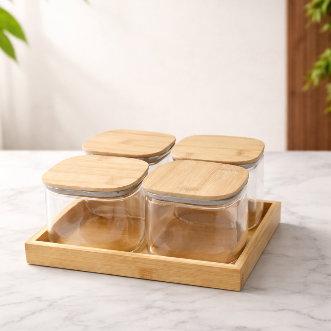 Borosilicate Glass Storage Jar Set of 4 with Bamboo Tray — Airtight Bamboo Lid & Silicone Seal | 500 ml Each | Pantry, Kitchen & Dry Food Organiser