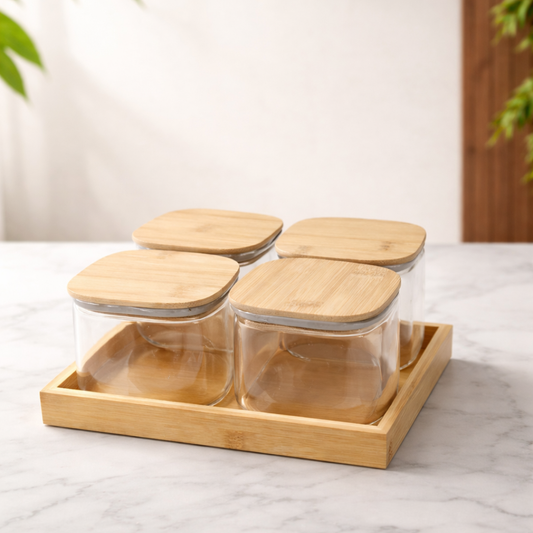 Borosilicate Glass Storage Jar Set of 4 with Bamboo Tray — Airtight Bamboo Lid & Silicone Seal | 500 ml Each | Pantry, Kitchen & Dry Food Organiser