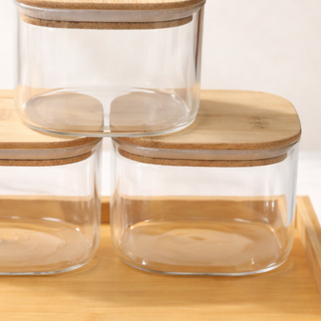 Borosilicate Glass Storage Jar Set of 4 with Bamboo Tray — Airtight Bamboo Lid & Silicone Seal | 500 ml Each | Pantry, Kitchen & Dry Food Organiser
