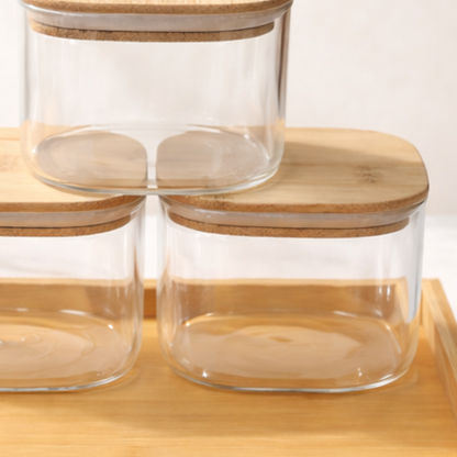 Borosilicate Glass Storage Jar Set of 4 with Bamboo Tray — Airtight Bamboo Lid & Silicone Seal | 500 ml Each | Pantry, Kitchen & Dry Food Organiser