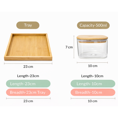 Borosilicate Glass Storage Jar Set of 4 with Bamboo Tray — Airtight Bamboo Lid & Silicone Seal | 500 ml Each | Pantry, Kitchen & Dry Food Organiser