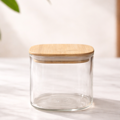 Borosilicate Glass Storage Jar Set of 4 with Bamboo Tray — Airtight Bamboo Lid & Silicone Seal | 500 ml Each | Pantry, Kitchen & Dry Food Organiser