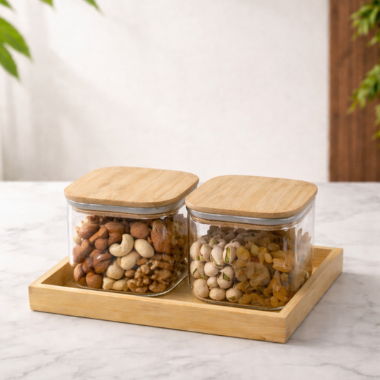 Square Glass Jar Set of 2 with Bamboo Tray | Borosilicate Airtight Silicone Seal | 500ml | Dry Fruit Nut Spice Storage | Lead-Free BPA-Free | Kitchen Organiser Gift