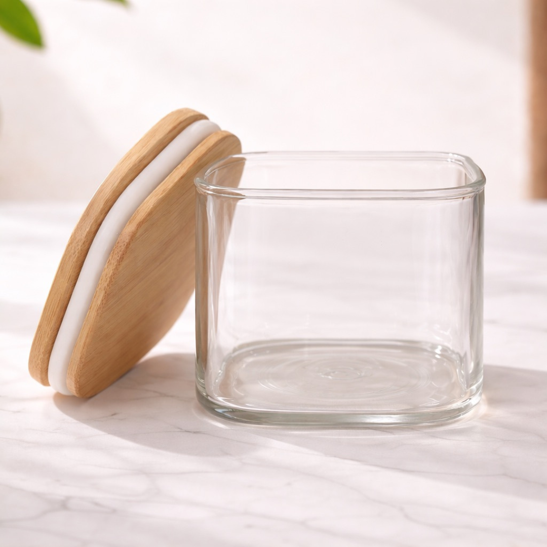 Square Glass Jar Set of 2 with Bamboo Tray | Borosilicate Airtight Silicone Seal | 500ml | Dry Fruit Nut Spice Storage | Lead-Free BPA-Free | Kitchen Organiser Gift