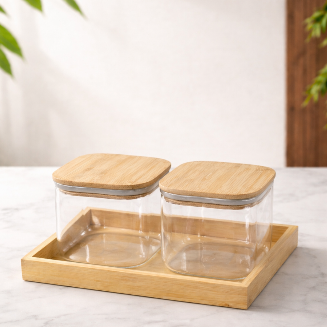 Square Glass Jar Set of 2 with Bamboo Tray | Borosilicate Airtight Silicone Seal | 500ml | Dry Fruit Nut Spice Storage | Lead-Free BPA-Free | Kitchen Organiser Gift