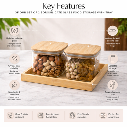 Square Glass Jar Set of 2 with Bamboo Tray | Borosilicate Airtight Silicone Seal | 500ml | Dry Fruit Nut Spice Storage | Lead-Free BPA-Free | Kitchen Organiser Gift