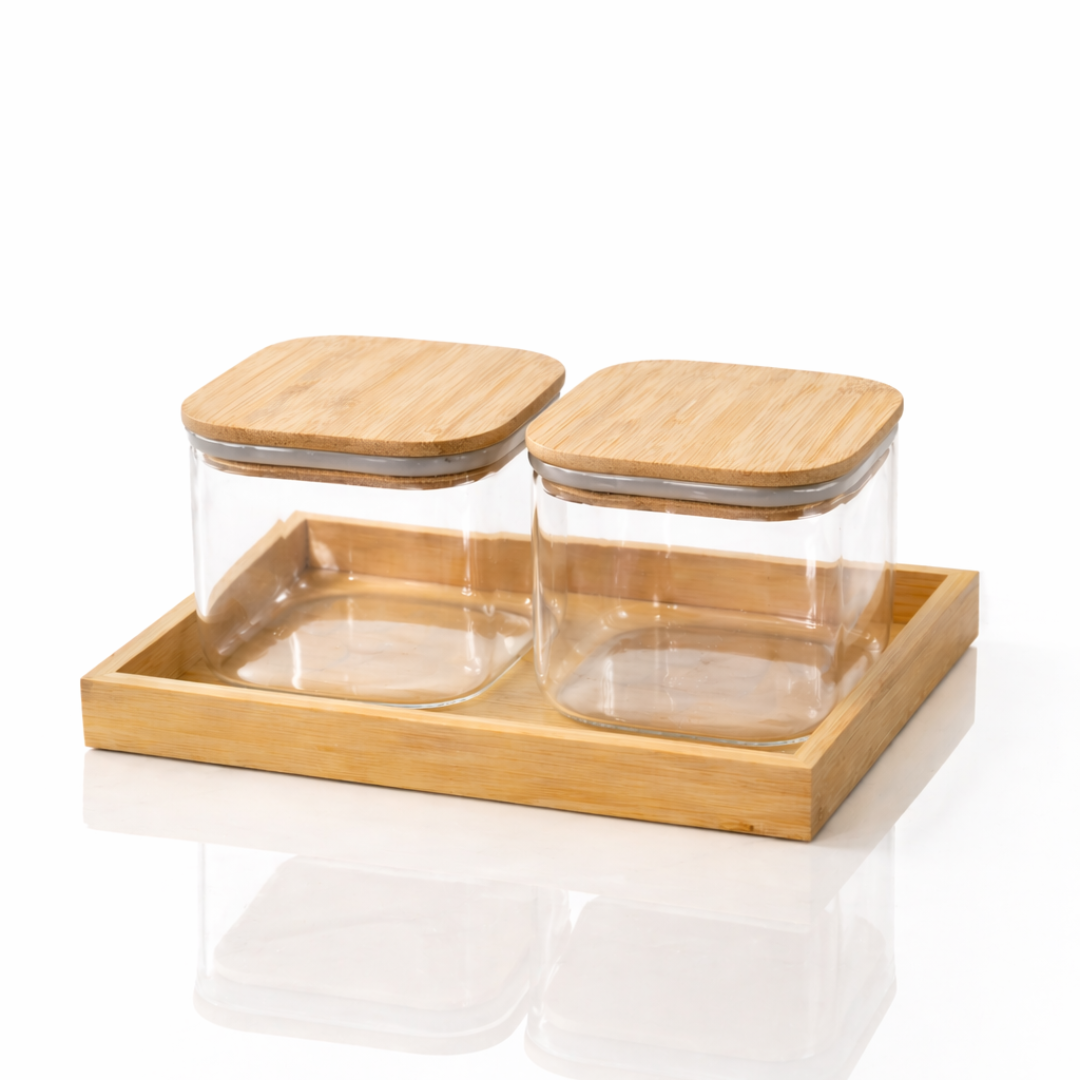 Square Glass Jar Set of 2 with Bamboo Tray | Borosilicate Airtight Silicone Seal | 500ml | Dry Fruit Nut Spice Storage | Lead-Free BPA-Free | Kitchen Organiser Gift