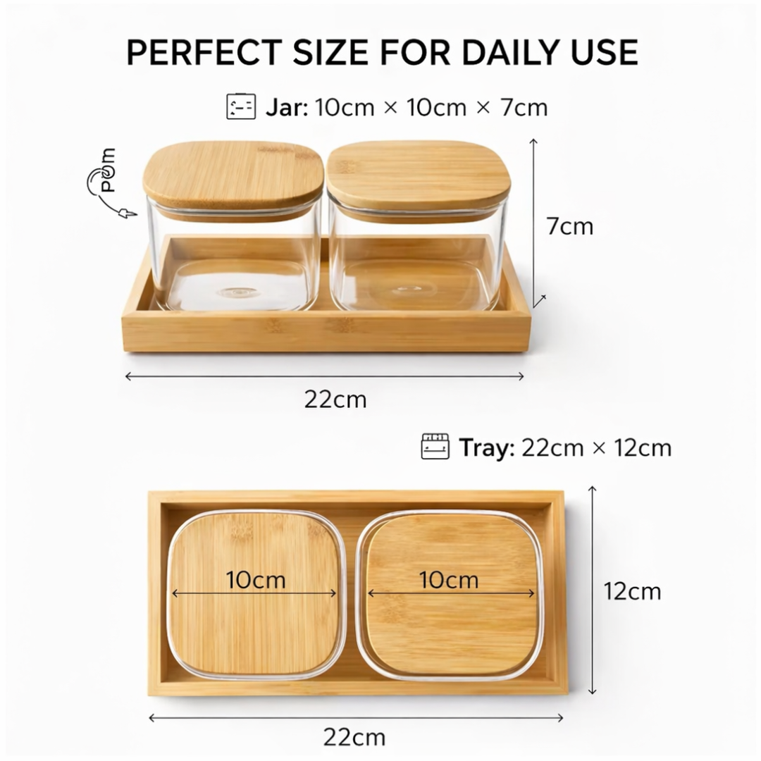 Square Glass Jar Set of 2 with Bamboo Tray | Borosilicate Airtight Silicone Seal | 500ml | Dry Fruit Nut Spice Storage | Lead-Free BPA-Free | Kitchen Organiser Gift