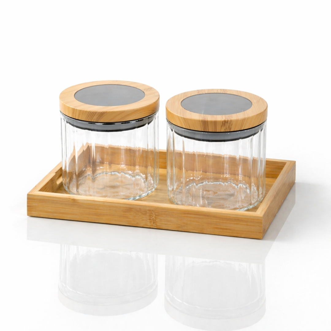 Ribbed Round Borosilicate Glass Jar Set of 2 with Bamboo Tray — Airtight Silicone Seal Bamboo Lid | 500 ml Each | Dry Fruit, Nut & Spice Kitchen Organiser | Non-Toxic & Lead-Free