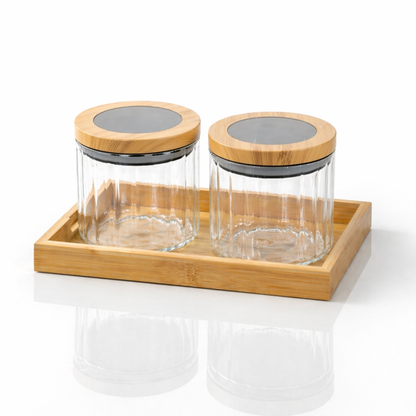 Ribbed Round Borosilicate Glass Jar Set of 2 with Bamboo Tray — Airtight Silicone Seal Bamboo Lid | 500 ml Each | Dry Fruit, Nut & Spice Kitchen Organiser | Non-Toxic & Lead-Free