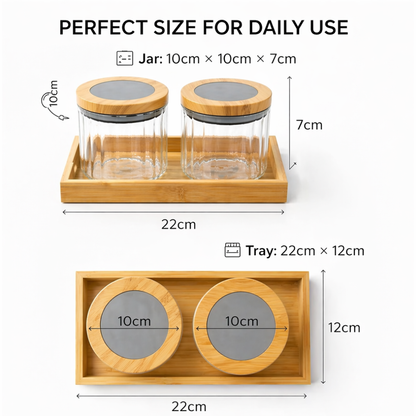 Ribbed Round Borosilicate Glass Jar Set of 2 with Bamboo Tray — Airtight Silicone Seal Bamboo Lid | 500 ml Each | Dry Fruit, Nut & Spice Kitchen Organiser | Non-Toxic & Lead-Free