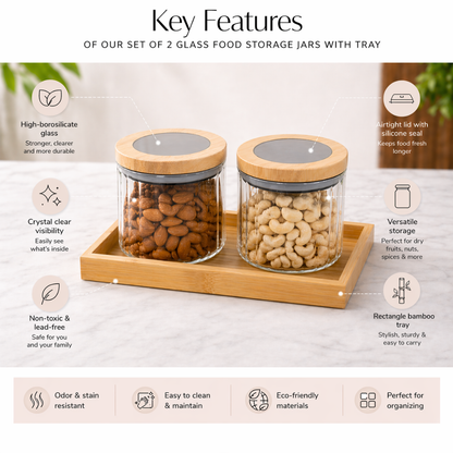 Ribbed Round Borosilicate Glass Jar Set of 2 with Bamboo Tray — Airtight Silicone Seal Bamboo Lid | 500 ml Each | Dry Fruit, Nut & Spice Kitchen Organiser | Non-Toxic & Lead-Free