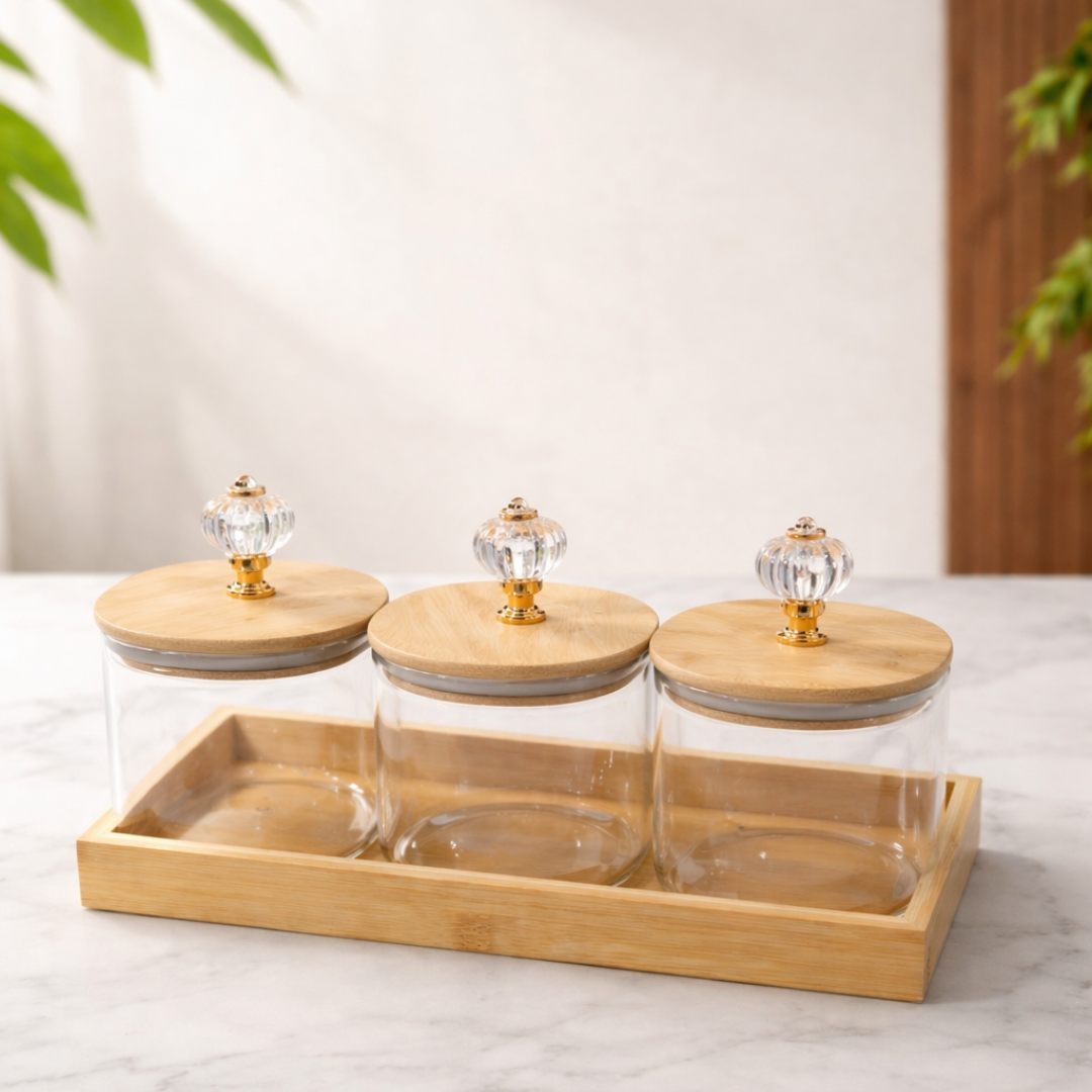 Crystal Knob Borosilicate Glass Jar Set of 3 with Bamboo Tray — Gold Crystal Pull Lid | Airtight Silicone Seal | 500 ml Each | Luxury Dry Fruit & Spice Kitchen Organiser