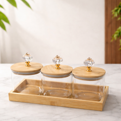 Crystal Knob Borosilicate Glass Jar Set of 3 with Bamboo Tray — Gold Crystal Pull Lid | Airtight Silicone Seal | 500 ml Each | Luxury Dry Fruit & Spice Kitchen Organiser