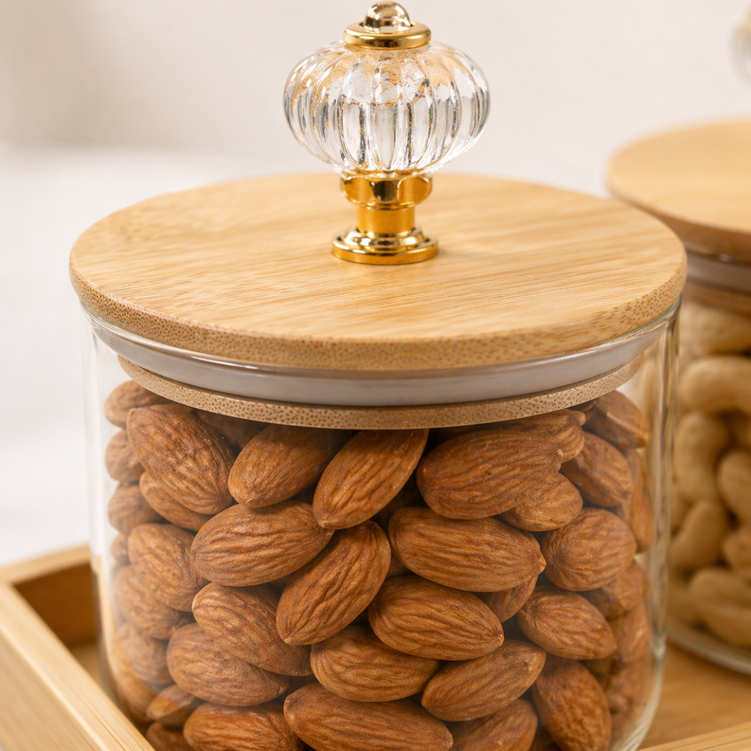 Crystal Knob Borosilicate Glass Jar Set of 3 with Bamboo Tray — Gold Crystal Pull Lid | Airtight Silicone Seal | 500 ml Each | Luxury Dry Fruit & Spice Kitchen Organiser