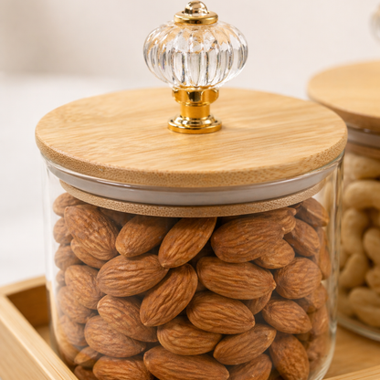 Crystal Knob Borosilicate Glass Jar Set of 3 with Bamboo Tray — Gold Crystal Pull Lid | Airtight Silicone Seal | 500 ml Each | Luxury Dry Fruit & Spice Kitchen Organiser