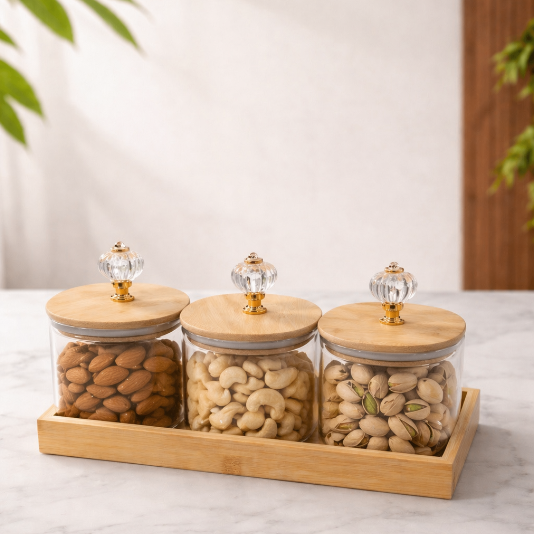 Crystal Knob Borosilicate Glass Jar Set of 3 with Bamboo Tray — Gold Crystal Pull Lid | Airtight Silicone Seal | 500 ml Each | Luxury Dry Fruit & Spice Kitchen Organiser
