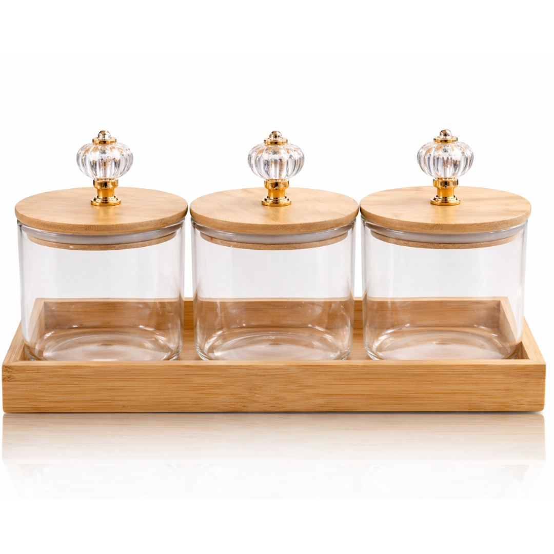 Crystal Knob Borosilicate Glass Jar Set of 3 with Bamboo Tray — Gold Crystal Pull Lid | Airtight Silicone Seal | 500 ml Each | Luxury Dry Fruit & Spice Kitchen Organiser