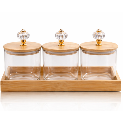 Crystal Knob Borosilicate Glass Jar Set of 3 with Bamboo Tray — Gold Crystal Pull Lid | Airtight Silicone Seal | 500 ml Each | Luxury Dry Fruit & Spice Kitchen Organiser