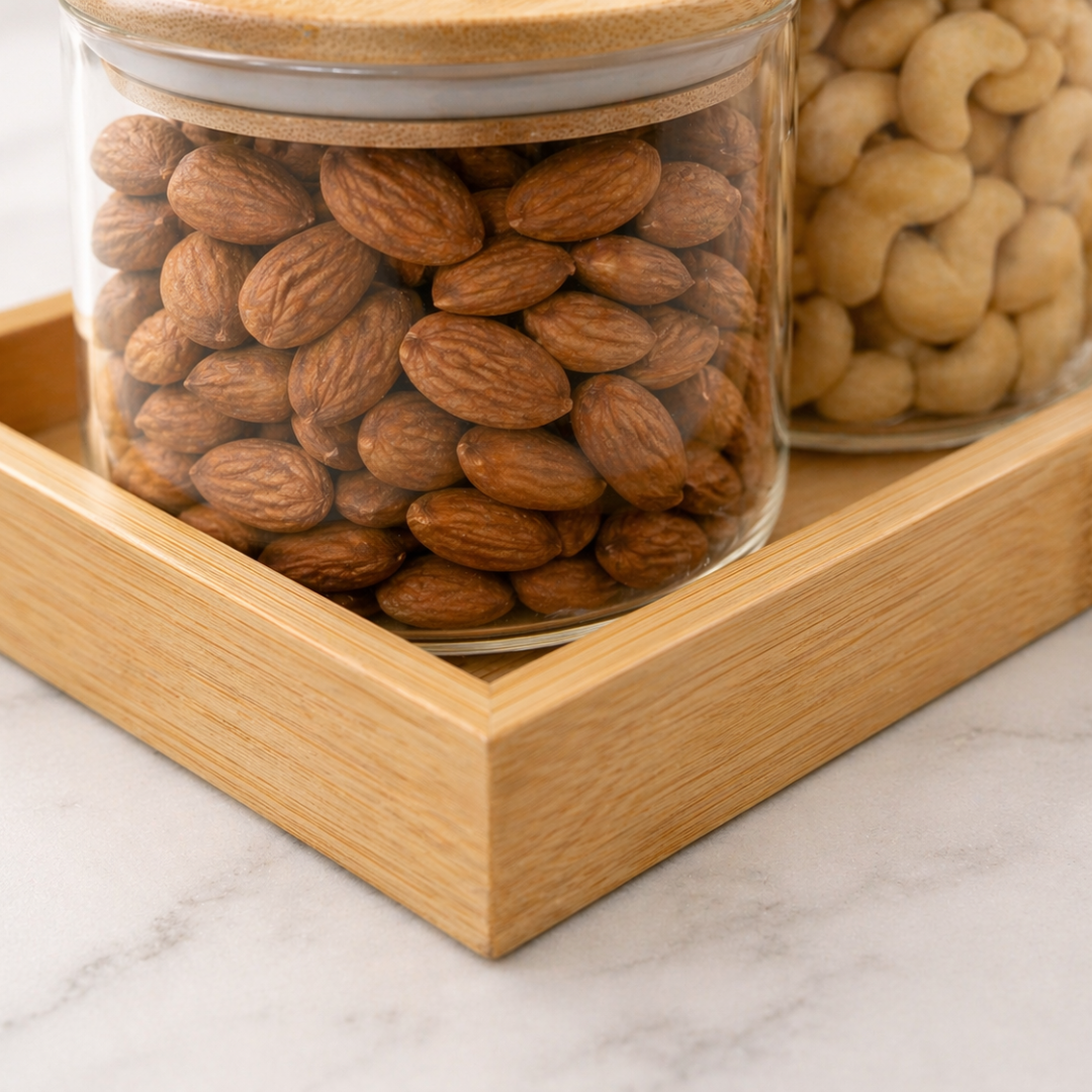 Crystal Knob Borosilicate Glass Jar Set of 3 with Bamboo Tray — Gold Crystal Pull Lid | Airtight Silicone Seal | 500 ml Each | Luxury Dry Fruit & Spice Kitchen Organiser