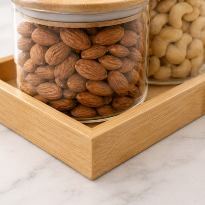 Crystal Knob Borosilicate Glass Jar Set of 3 with Bamboo Tray — Gold Crystal Pull Lid | Airtight Silicone Seal | 500 ml Each | Luxury Dry Fruit & Spice Kitchen Organiser