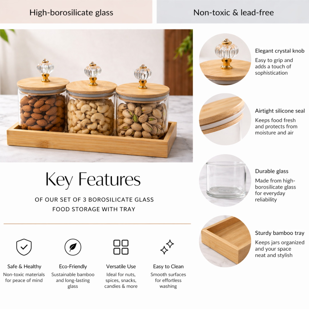 Crystal Knob Borosilicate Glass Jar Set of 3 with Bamboo Tray — Gold Crystal Pull Lid | Airtight Silicone Seal | 500 ml Each | Luxury Dry Fruit & Spice Kitchen Organiser