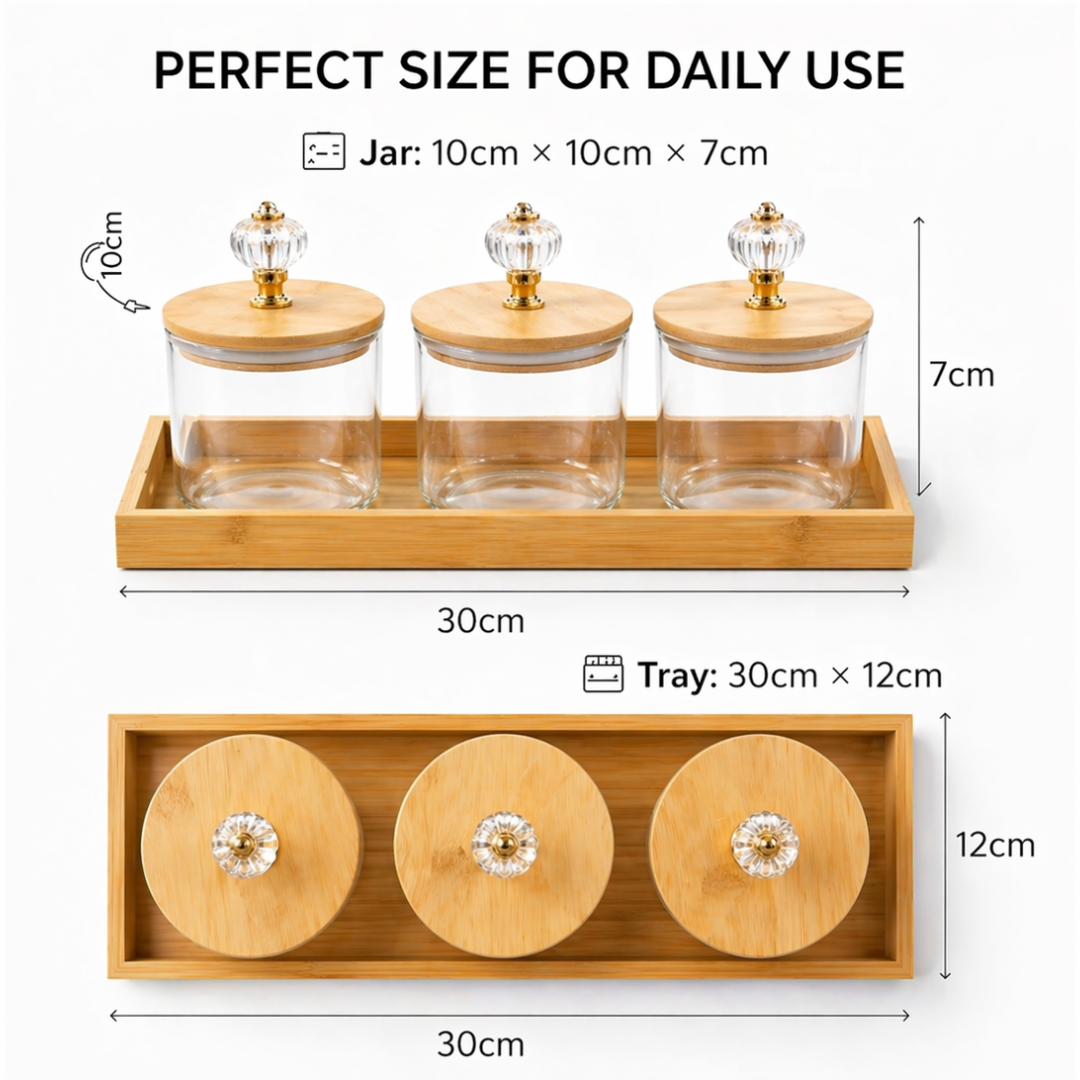 Crystal Knob Borosilicate Glass Jar Set of 3 with Bamboo Tray — Gold Crystal Pull Lid | Airtight Silicone Seal | 500 ml Each | Luxury Dry Fruit & Spice Kitchen Organiser