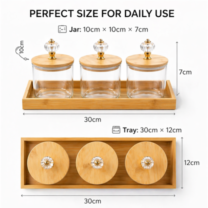 Crystal Knob Borosilicate Glass Jar Set of 3 with Bamboo Tray — Gold Crystal Pull Lid | Airtight Silicone Seal | 500 ml Each | Luxury Dry Fruit & Spice Kitchen Organiser