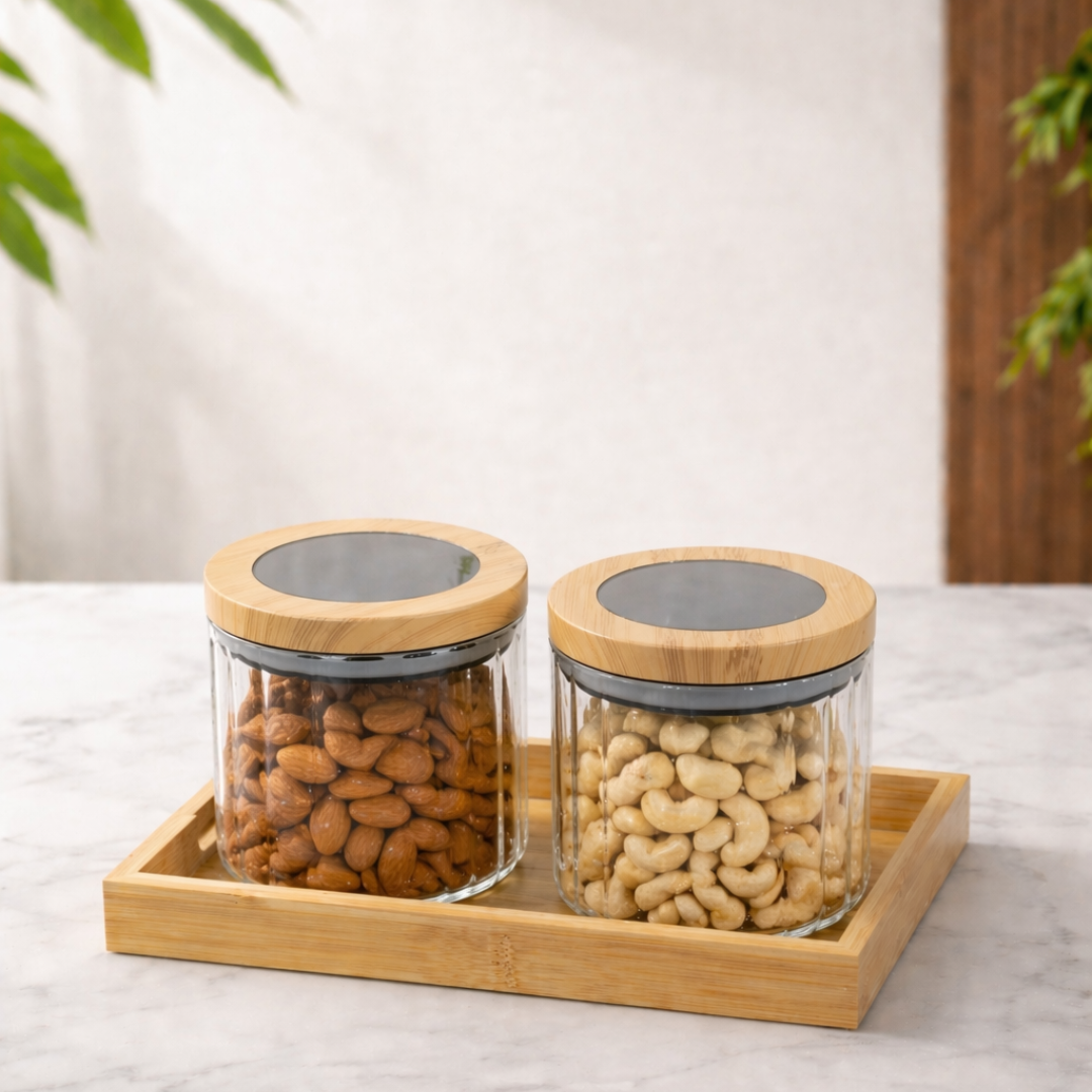 Ribbed Round Borosilicate Glass Jar Set of 2 with Bamboo Tray — Airtight Silicone Seal Bamboo Lid | 500 ml Each | Dry Fruit, Nut & Spice Kitchen Organiser | Non-Toxic & Lead-Free