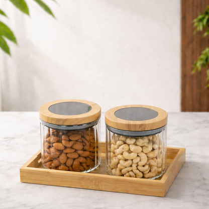 Ribbed Round Borosilicate Glass Jar Set of 2 with Bamboo Tray — Airtight Silicone Seal Bamboo Lid | 500 ml Each | Dry Fruit, Nut & Spice Kitchen Organiser | Non-Toxic & Lead-Free