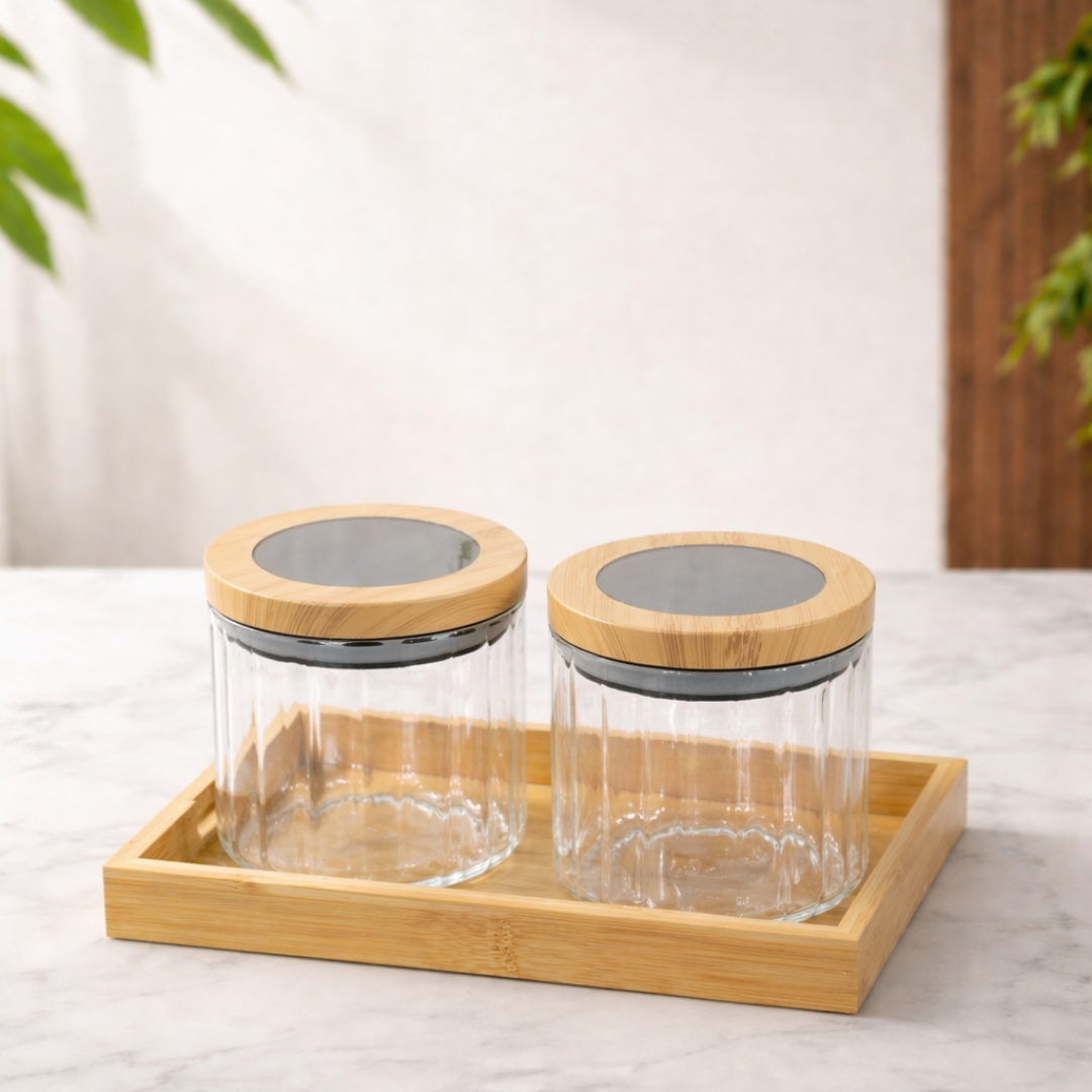 Ribbed Round Borosilicate Glass Jar Set of 2 with Bamboo Tray — Airtight Silicone Seal Bamboo Lid | 500 ml Each | Dry Fruit, Nut & Spice Kitchen Organiser | Non-Toxic & Lead-Free