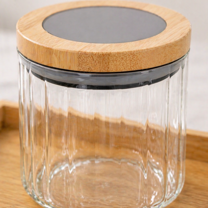 Ribbed Round Borosilicate Glass Jar Set of 2 with Bamboo Tray — Airtight Silicone Seal Bamboo Lid | 500 ml Each | Dry Fruit, Nut & Spice Kitchen Organiser | Non-Toxic & Lead-Free
