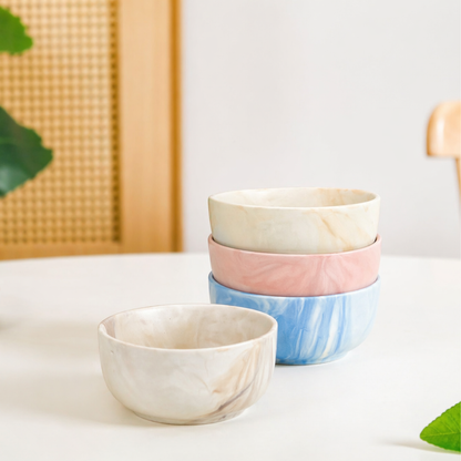 Marble Ceramic Bowl Set of 4 — Blue, Pink, Grey and Cream | 500 ml Each | Microwave and Dishwasher Safe | Lead and Cadmium Free | Multicolour Soup Cereal Serving Bowl Gift Set