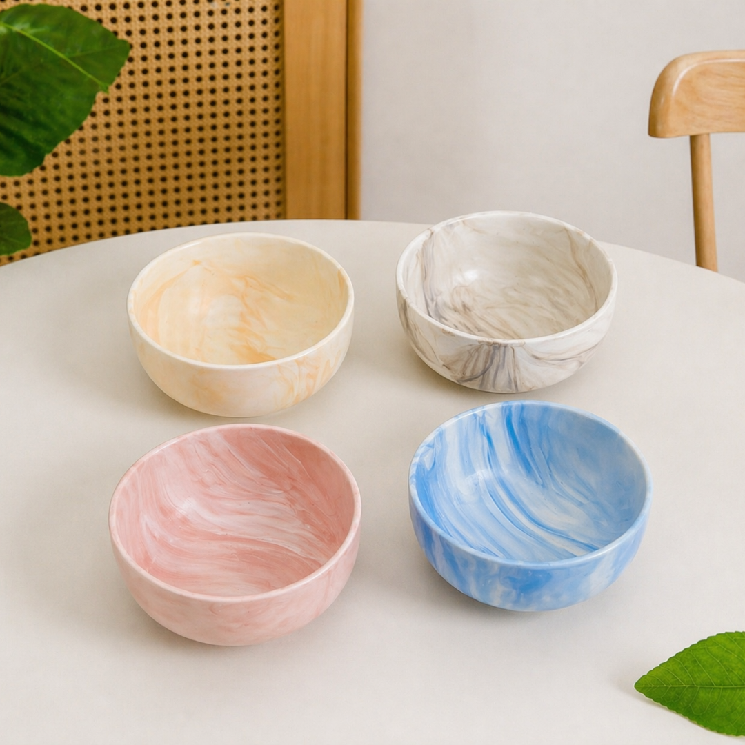 Marble Ceramic Bowl Set of 4 — Blue, Pink, Grey and Cream | 500 ml Each | Microwave and Dishwasher Safe | Lead and Cadmium Free | Multicolour Soup Cereal Serving Bowl Gift Set