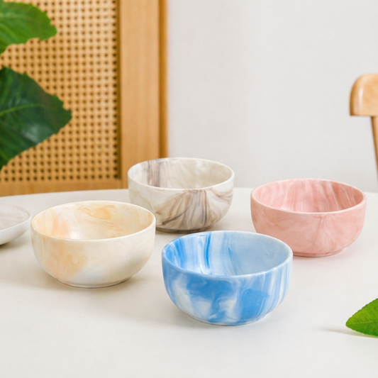Marble Ceramic Bowl Set of 4 — Blue, Pink, Grey and Cream | 500 ml Each | Microwave and Dishwasher Safe | Lead and Cadmium Free | Multicolour Soup Cereal Serving Bowl Gift Set