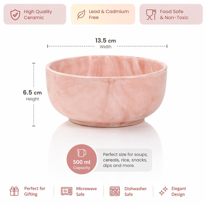 Marble Ceramic Bowl Set of 4 — Blue, Pink, Grey and Cream | 500 ml Each | Microwave and Dishwasher Safe | Lead and Cadmium Free | Multicolour Soup Cereal Serving Bowl Gift Set