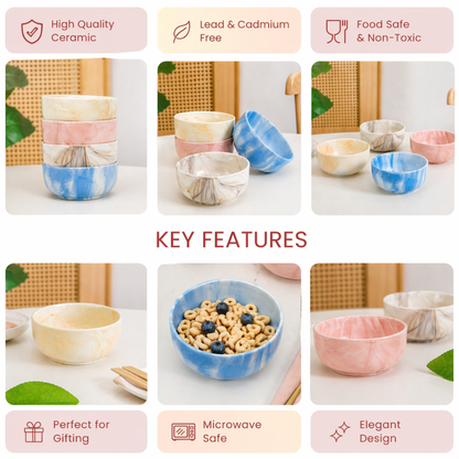 Marble Ceramic Bowl Set of 4 — Blue, Pink, Grey and Cream | 500 ml Each | Microwave and Dishwasher Safe | Lead and Cadmium Free | Multicolour Soup Cereal Serving Bowl Gift Set
