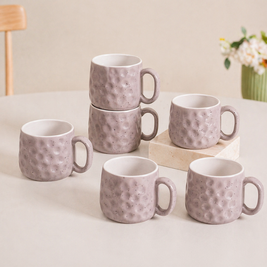 Hammered Lavender Ceramic Chai Mug Set of 6 — 200 ml | Lead and Cadmium Free | Microwave Safe | Wide Handle | Tea Coffee Mug Set for Home and Kitchen