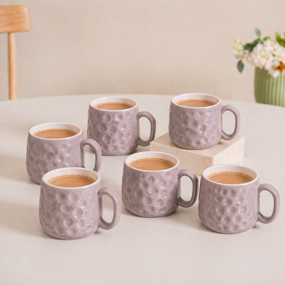Hammered Lavender Ceramic Chai Mug Set of 6 — 200 ml | Lead and Cadmium Free | Microwave Safe | Wide Handle | Tea Coffee Mug Set for Home and Kitchen