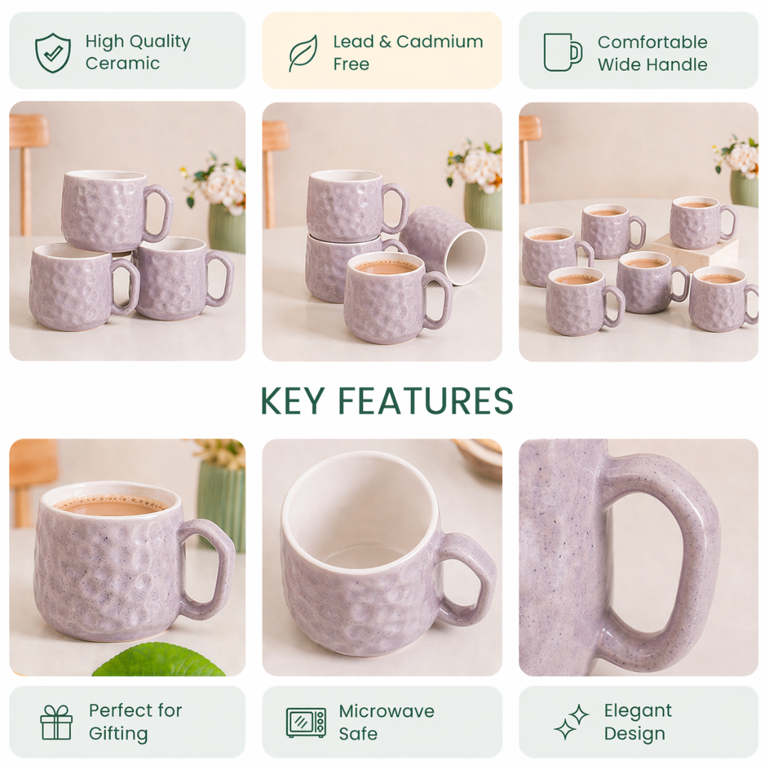 Hammered Lavender Ceramic Chai Mug Set of 6 — 200 ml | Lead and Cadmium Free | Microwave Safe | Wide Handle | Tea Coffee Mug Set for Home and Kitchen