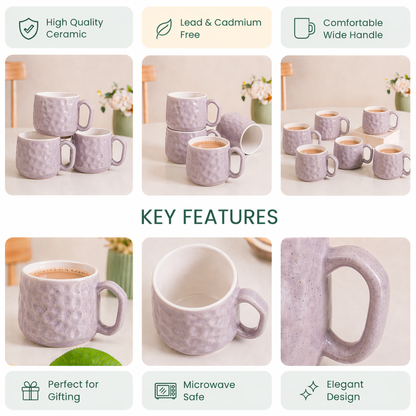 Hammered Lavender Ceramic Chai Mug Set of 6 — 200 ml | Lead and Cadmium Free | Microwave Safe | Wide Handle | Tea Coffee Mug Set for Home and Kitchen