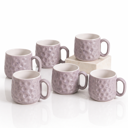 Hammered Lavender Ceramic Chai Mug Set of 6 — 200 ml | Lead and Cadmium Free | Microwave Safe | Wide Handle | Tea Coffee Mug Set for Home and Kitchen