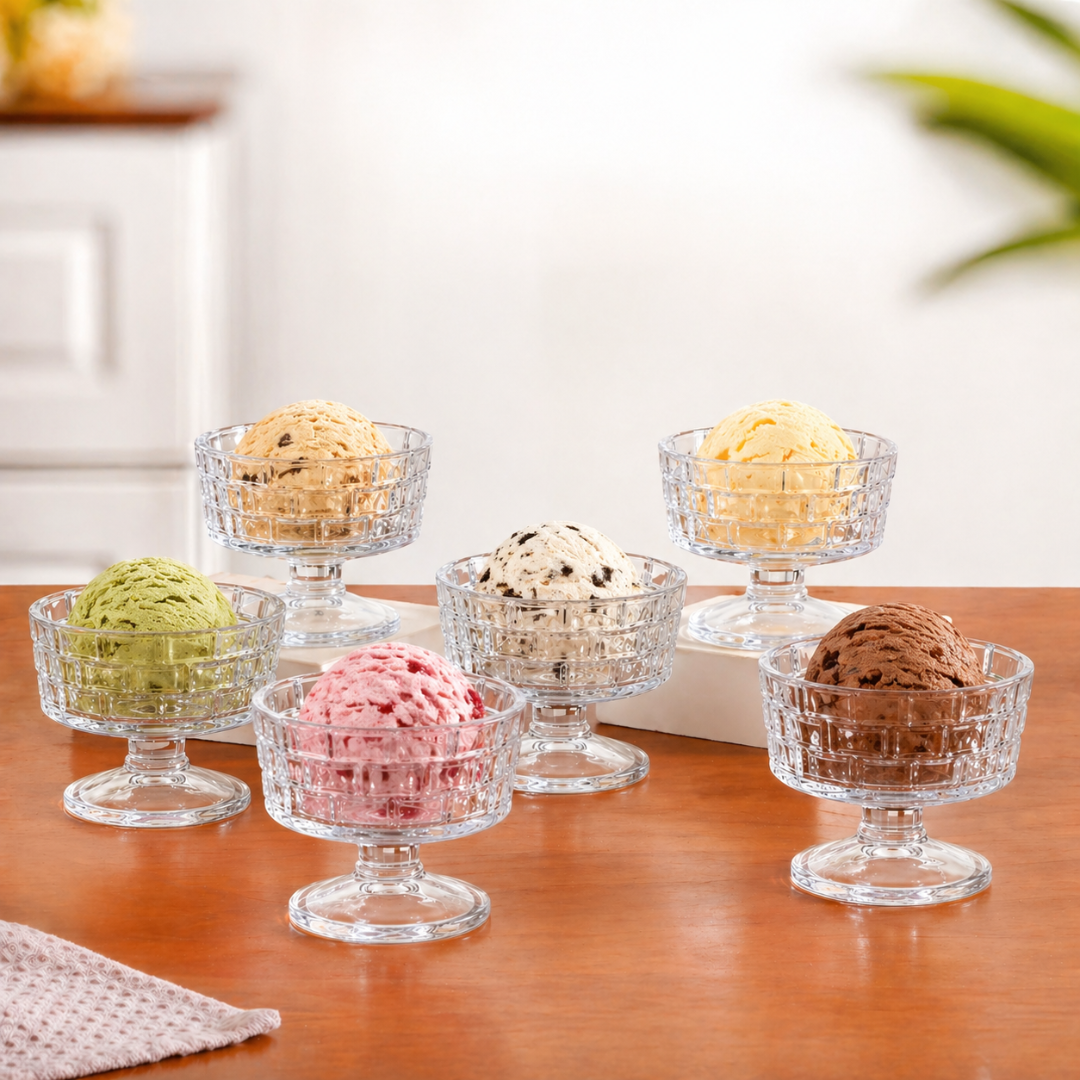 Crystal Glass Ice Cream Bowls Set of 6 — Embossed Footed Dessert Cups, 200ml, Lead-Free & Food Safe