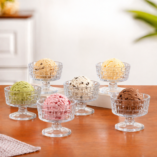Crystal Glass Ice Cream Bowls Set of 6 — Embossed Footed Dessert Cups, 200ml, Lead-Free & Food Safe
