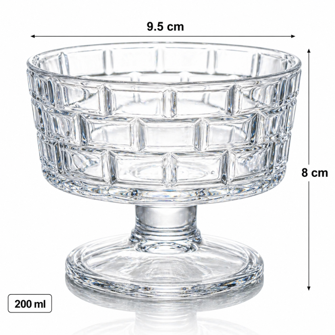 Crystal Glass Ice Cream Bowls Set of 6 — Embossed Footed Dessert Cups, 200ml, Lead-Free & Food Safe