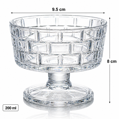 Crystal Glass Ice Cream Bowls Set of 6 — Embossed Footed Dessert Cups, 200ml, Lead-Free & Food Safe
