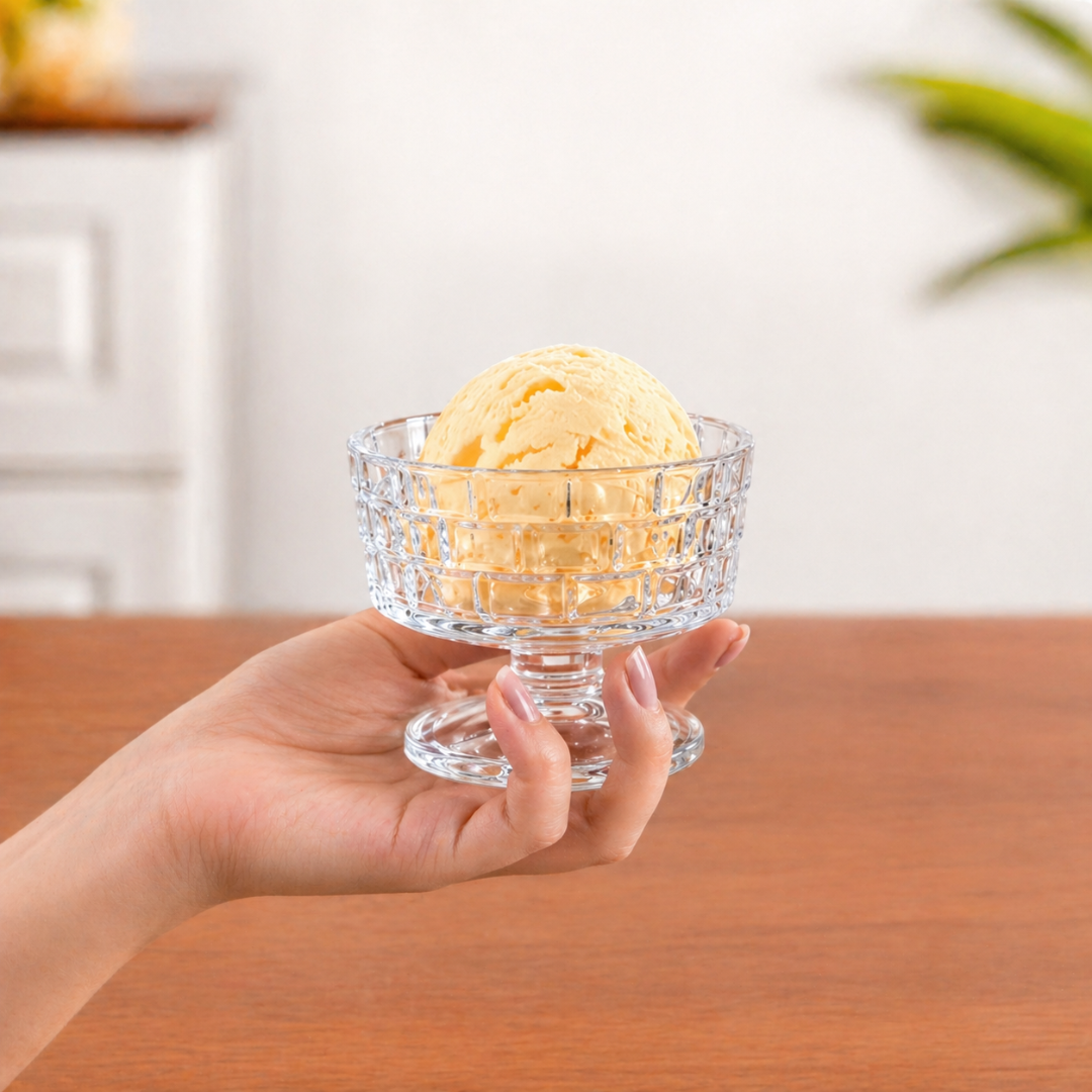 Crystal Glass Ice Cream Bowls Set of 6 — Embossed Footed Dessert Cups, 200ml, Lead-Free & Food Safe