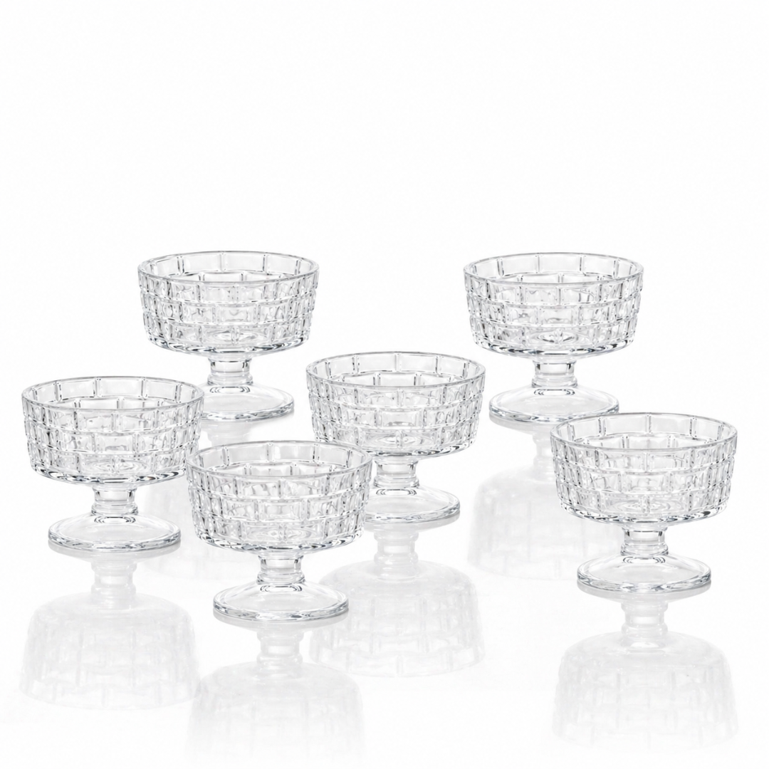 Crystal Glass Ice Cream Bowls Set of 6 — Embossed Footed Dessert Cups, 200ml, Lead-Free & Food Safe
