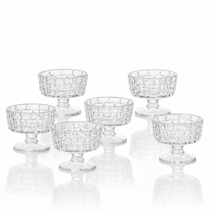 Crystal Glass Ice Cream Bowls Set of 6 — Embossed Footed Dessert Cups, 200ml, Lead-Free & Food Safe